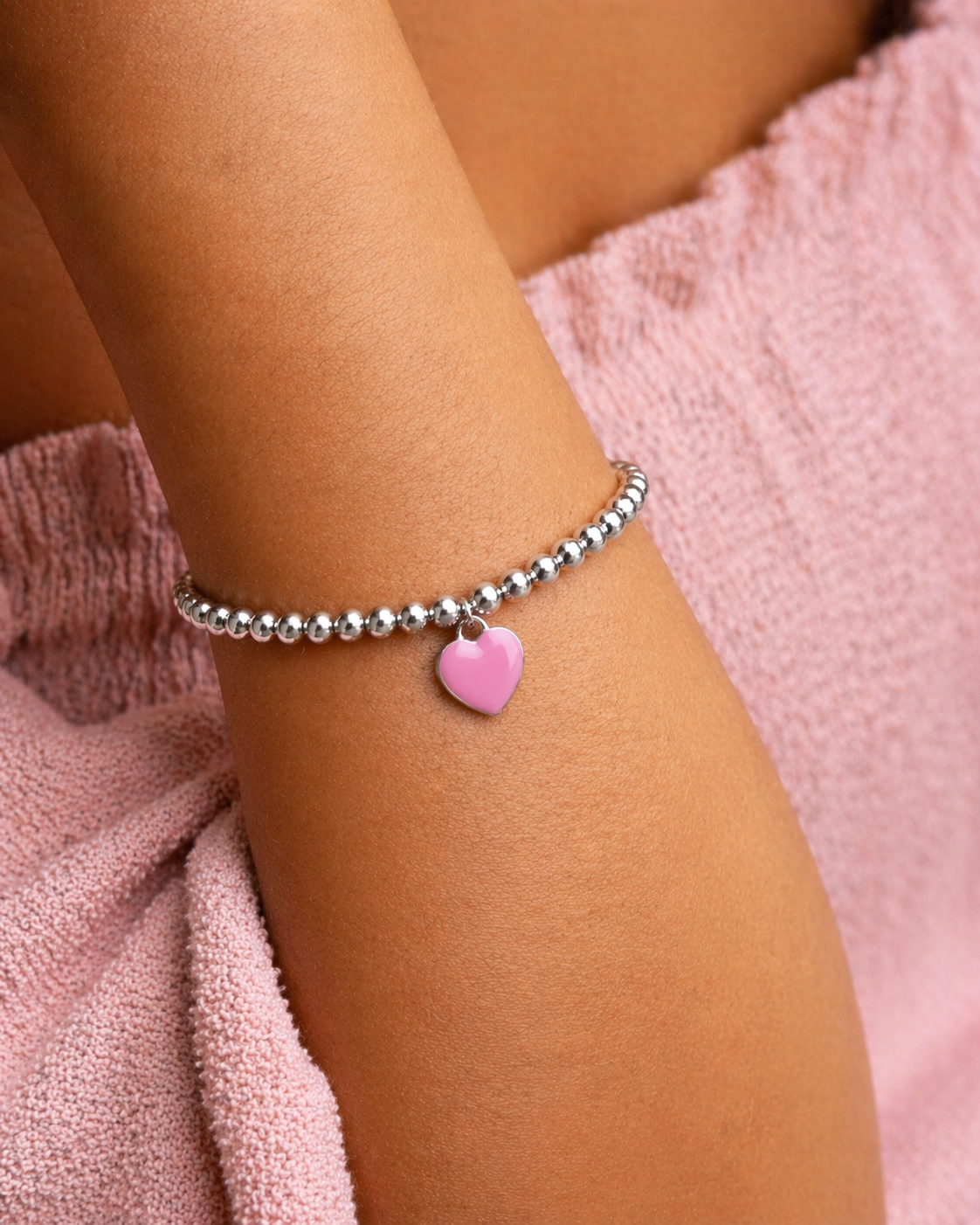 Pulseira de Prata 925 com Elo Esferas e Pingente Coração Rosé