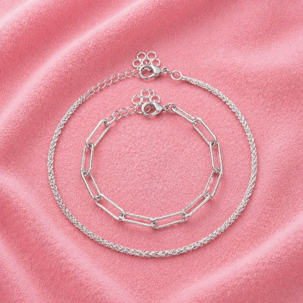 Conjunto de Pulseiras Prata 925 com Elos Contrastantes e Fecho Mosquetão Ajustável