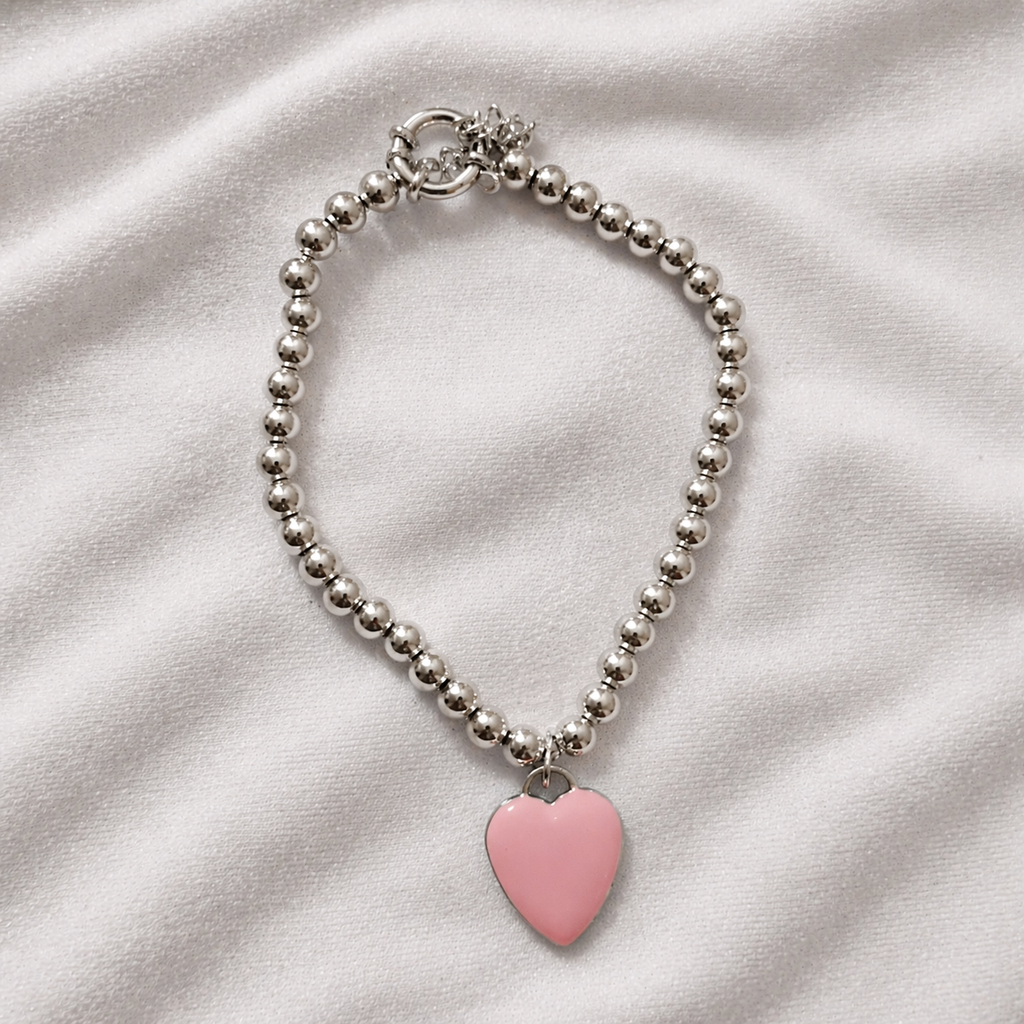 Pulseira Prata 925 Elo Esférico com Pingente de Coração Rosa