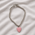 Pulseira Prata 925 Elo Esférico com Pingente de Coração Rosa