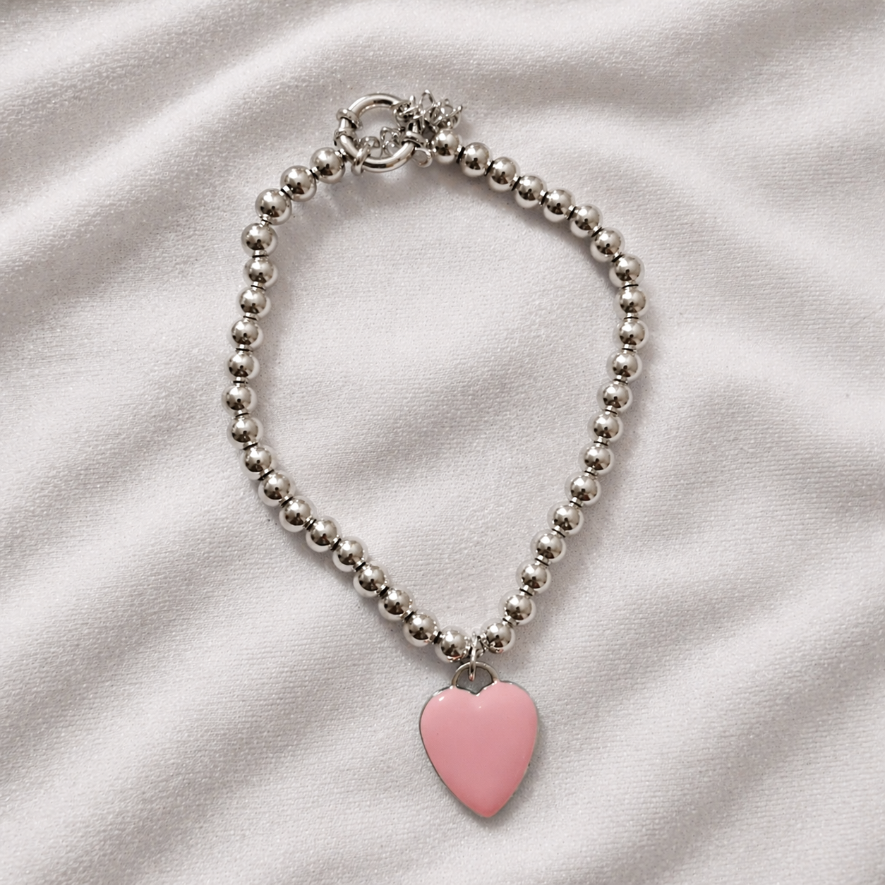 Pulseira Prata 925 Elo Esférico com Pingente de Coração Rosa