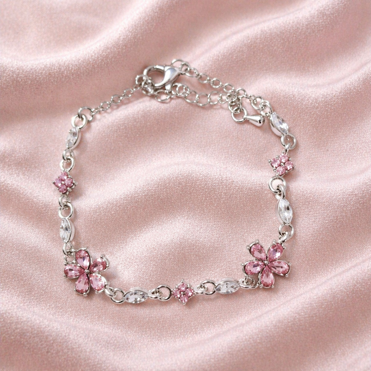 Pulseira em Prata 925 com Zircônias Rosas Florais e Cristais Lapidação Navete