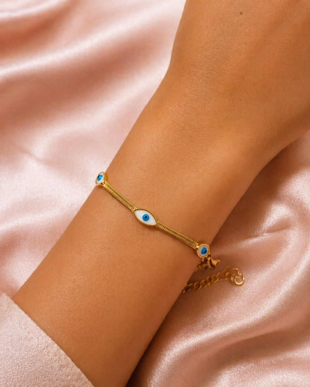 Pulseira Olho Grego em Corrente Flat de Aço Banhada a Ouro 18k com Extensor
