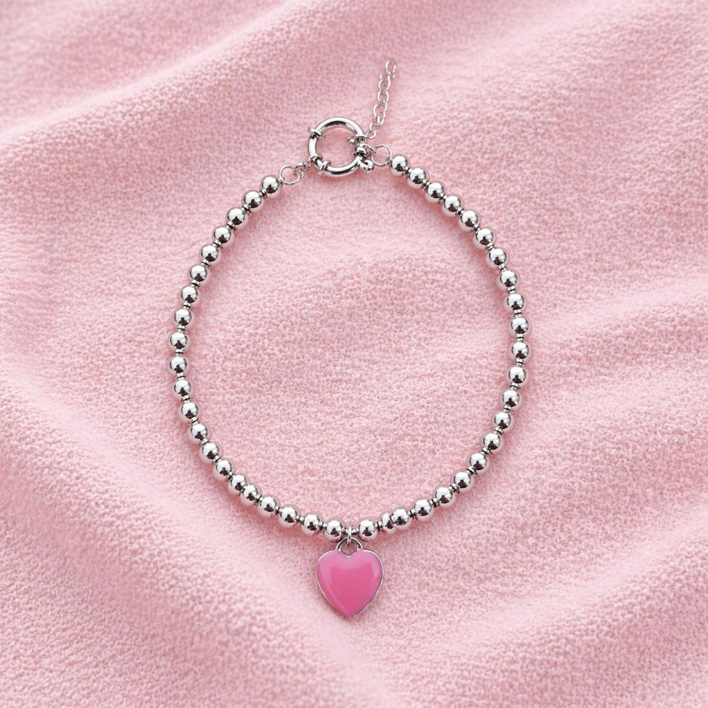 Pulseira de Prata 925 com Elo Esferas e Pingente Coração Rosé