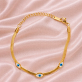 Pulseira Olho Grego em Corrente Flat de Aço Banhada a Ouro 18k com Extensor