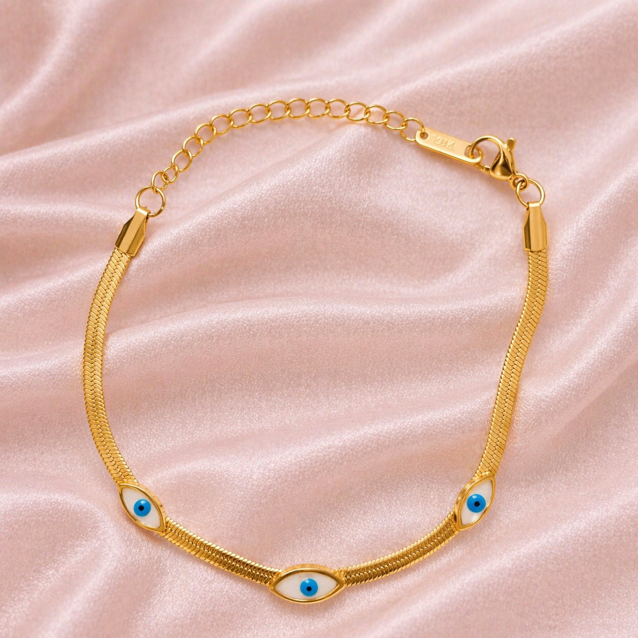 Pulseira Olho Grego em Corrente Flat de Aço Banhada a Ouro 18k com Extensor