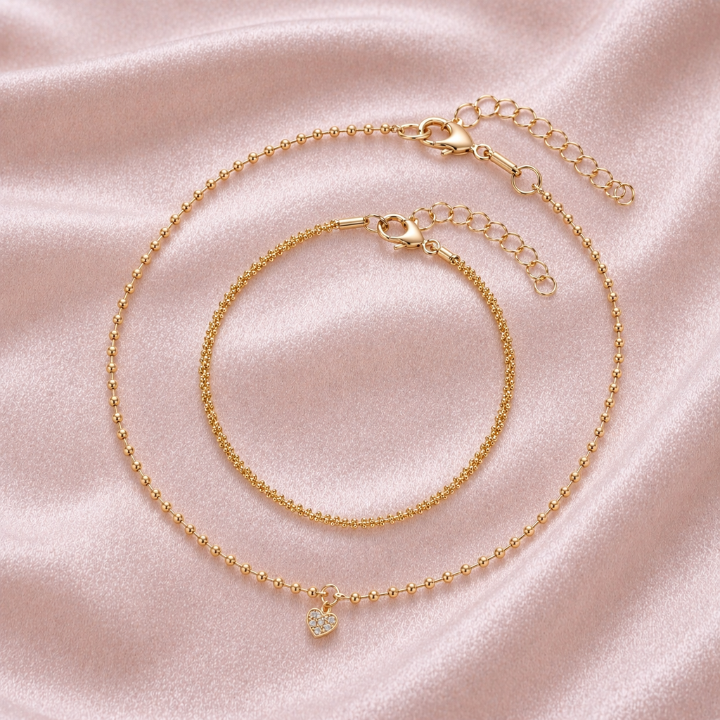 Conjunto de Pulseiras Banhadas a Ouro 18k com Elo Esférico e Elo Veneziano com Pingente de Coração