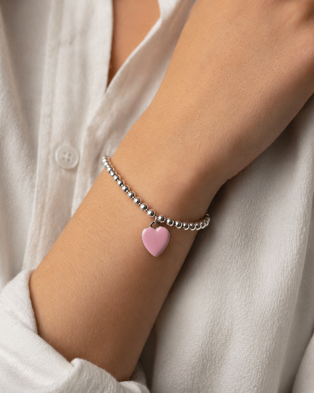 Pulseira Prata 925 Elo Esférico com Pingente de Coração Rosa